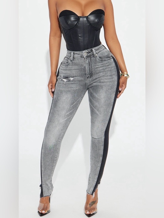 Fashion Nova Denim - Fashion Nova Gray High-Rise Skinny Jeans with Black Side Panel